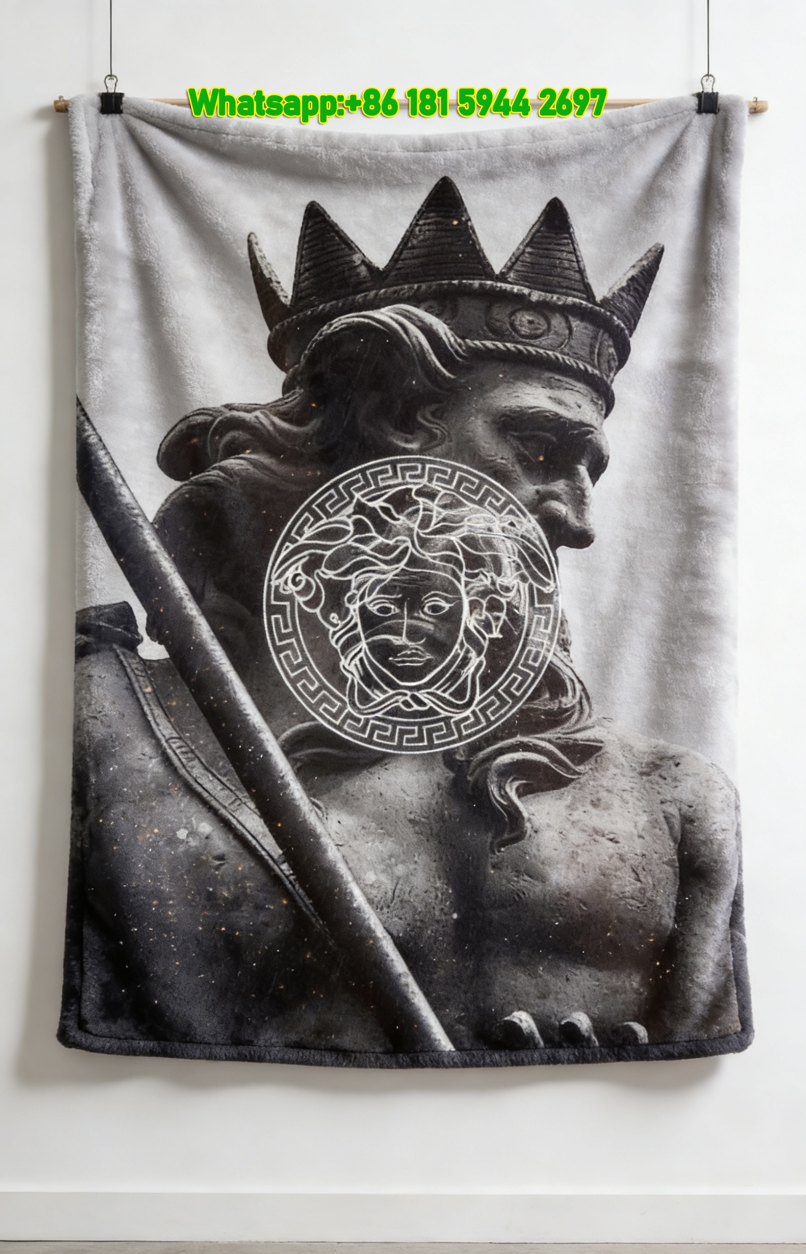 Versace Vintage Grey Poseidon Statue Medusa Logo Print Flannel Sofa Throw Blanket IMG_1402